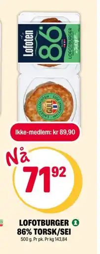Coop Extra LOFOTBURGER 86% TORSK/SEI, NOK 89.9, Medlemspris tilbud