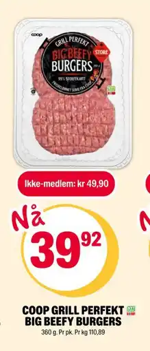Coop Extra COOP GRILL PERFEKT BIG BEEFY BURGERS, NOK 49.9, Medlemspris tilbud