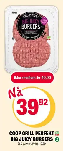 Coop Extra COOP GRILL PERFEKT BIG JUICY BURGERS, NOK 49.9, Medlemspris tilbud