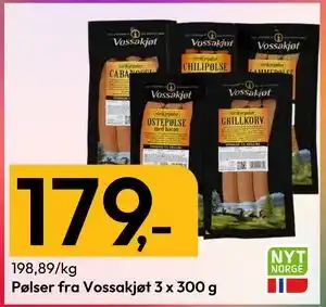 Gigaboks Pølser fra Vossakjøt 3 x 300 g, NOK 179 tilbud