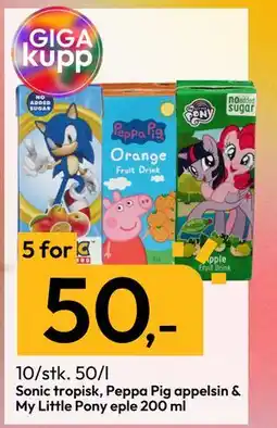 Gigaboks Sonic tropisk, Peppa Pig appelsin & My Little Pony eple 200 ml., NOK 50 tilbud