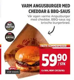 Meny VARM ANGUSBURGER MED CHEDDAR & BBQ-SAUS, NOK 59.9 tilbud