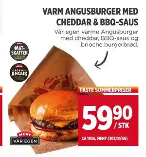 Meny VARM ANGUSBURGER MED CHEDDAR & BBQ-SAUS, NOK 59.9 tilbud