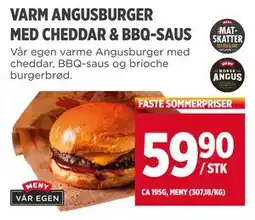Meny VARM ANGUSBURGER MED CHEDDAR & BBQ-SAUS, NOK 59.9 tilbud