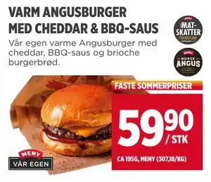 Meny VARM ANGUSBURGER MED CHEDDAR & BBQ-SAUS, NOK 59.9 tilbud
