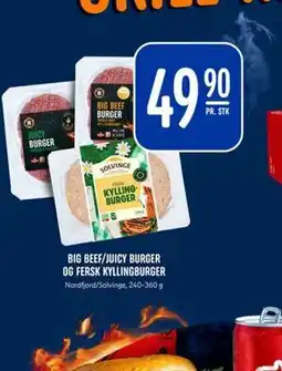 Rema 1000 BIG BEEF/JUICY BURGER OG FERSK KYLLINGBURGER, NOK 49.9 tilbud