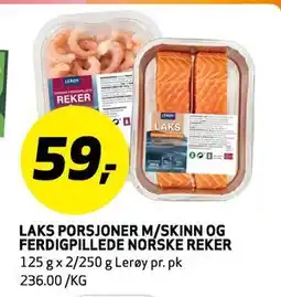 Bunnpris LAKS PORSJONER M/SKINN OG FERDIGPILLEDE NORSKE REKER, NOK 59 tilbud