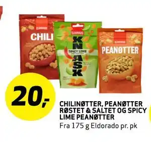Bunnpris Chilinøtter, Peanøtter Røstet & Saltet og Spicy Lime Peanøtter, NOK 20 tilbud