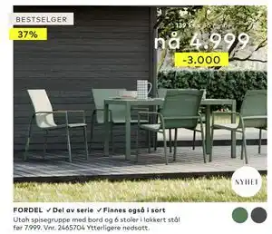 Skeidar Utah spisegruppe med bord og 6 stoler, NOK 4999 tilbud
