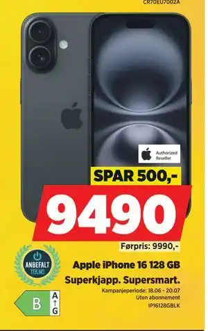 POWER Apple iPhone 16 128 GB, NOK 9490 tilbud