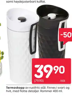 Rusta Termoskopp av rustfritt stål. Finnes i svart og hvit, med flotte detaljer. Rommer tilbud