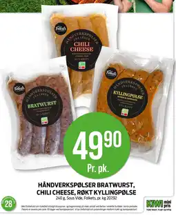 Kiwi HÅNDVERKSPØLSER BRATWURST, CHILI CHEESE, RØKT KYLLINGPØLSE tilbud