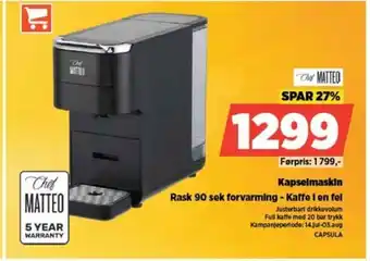 POWER Chef MATTEO Kapselmaskin Rask 90 sek forvarming - Kaffe I en fel tilbud