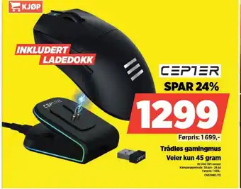 POWER CEPTER Trådløs gamingmus Veier kun 45 gram tilbud