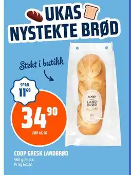 Coop Obs COOP GRESK LANDBRØD, NOK 34.9 tilbud