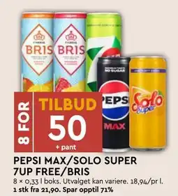 Coop Mega PEPSI MAX/SOLO SUPER 7UP FREE/BRIS, NOK 50 tilbud