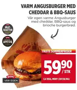 Meny VARM ANGUSBURGER MED CHEDDAR & BBQ-SAUS, NOK 59.9 tilbud