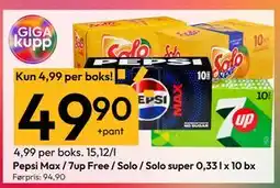 Gigaboks Pepsi Max / 7up Free / Solo / Solo super 0,33 l x 10 bx, NOK 49.9 tilbud