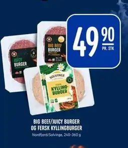 Rema 1000 BIG BEEF/JUICY BURGER OG FERSK KYLLINGBURGER, NOK 49.9 tilbud