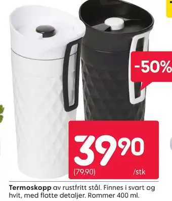 Rusta Termoskopp av rustfritt stål. Finnes i svart og hvit, med flotte detaljer. Rommer tilbud
