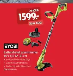 Jula Batteridrevet gresstrimmer 18 V 4,0 Ah 30 cm, Medlemspris tilbud