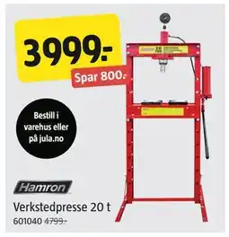 Jula Verkstedpresse 20 t, NOK 3999 tilbud