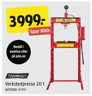 Jula Verkstedpresse 20 t, NOK 3999 tilbud