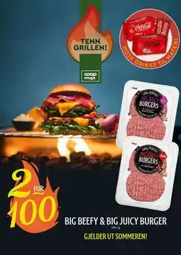 Coop Mega big beefy & big juicy burger, NOK 100 tilbud