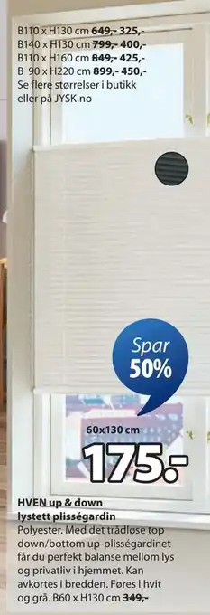 JYSK HVEN up & down lystett plisségardin tilbud
