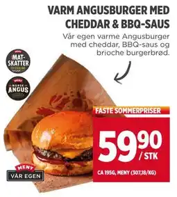 Meny VARM ANGUSBURGER MED CHEDDAR & BBQ-SAUS, NOK 59.9 tilbud