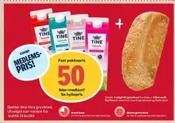Matkroken 1 valgfritt grovbrød fra Coop + 1 liter melk fra Tine, Medlemspris tilbud