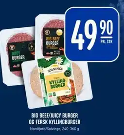 Rema 1000 BIG BEEF/JUICY BURGER OG FERSK KYLLINGBURGER, NOK 49.9 tilbud