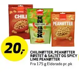 Bunnpris CHILINØTTER, PEANØTTER RØSTET & SALTET OG SPICY LIME PEANØTTER, NOK 20 tilbud
