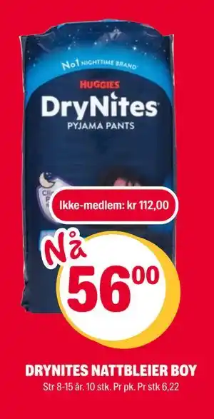 Coop Extra DRYNITES NATTBLEIER BOY, NOK 112, Medlemspris tilbud