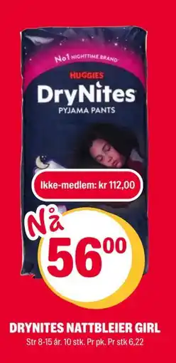 Coop Extra DRYNITES NATTBLEIER GIRL, NOK 112, Medlemspris tilbud