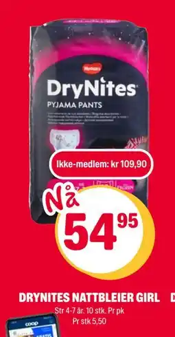 Coop Extra DRYNITES NATTBLEIER GIRL, NOK 109.9, Medlemspris tilbud