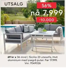 Skeidar Sicilia 23 utesofa, Hvit aluminium med lysegrå puter, NOK 7999 tilbud