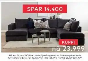 Skeidar Chillux U-sofa, NOK 23999 tilbud
