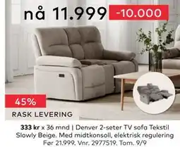 Skeidar Denver 2-seter TV sofa, NOK 11999 tilbud