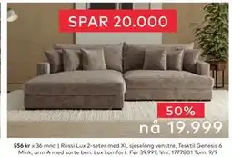 Skeidar Rossi Lux 2-seter med XL sjeselong venstre, NOK 19999 tilbud