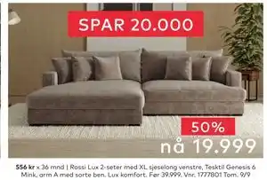 Skeidar Rossi Lux 2-seter med XL sjeselong venstre, NOK 19999 tilbud