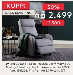Skeidar Leon Recliner, Stoff Malmø 95 Mørk grå med pushback mekanisme, NOK 2499 tilbud