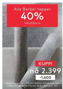 Skeidar Berber teppe 160x230 cm Gråmix, hardtwist, NOK 2399 tilbud