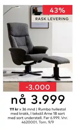 Skeidar Rumba hvilestol med krakk, NOK 3999 tilbud