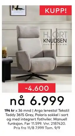 Skeidar Argo lenestol Tekstil Teddy 3615 Grey, Polaris sokkel i sort og med integrert fothviler, NOK 6999 tilbud