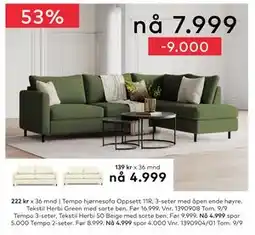 Skeidar Tempo 3-seter, Tekstil Herbi 50 Beige med sorte ben, NOK 4999 tilbud