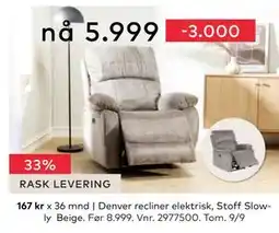 Skeidar Denver recliner elektrisk, NOK 5999 tilbud