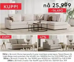 Skeidar Roma hjørnesofa 3-seter med åpen ende høyre, NOK 25999 tilbud