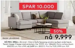 Skeidar Oslo U-Sofa Sjeseong venstre og åpen ende høyre, NOK 9999 tilbud