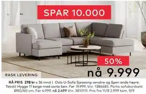 Skeidar Oslo U-Sofa Sjeseong venstre og åpen ende høyre, NOK 9999 tilbud